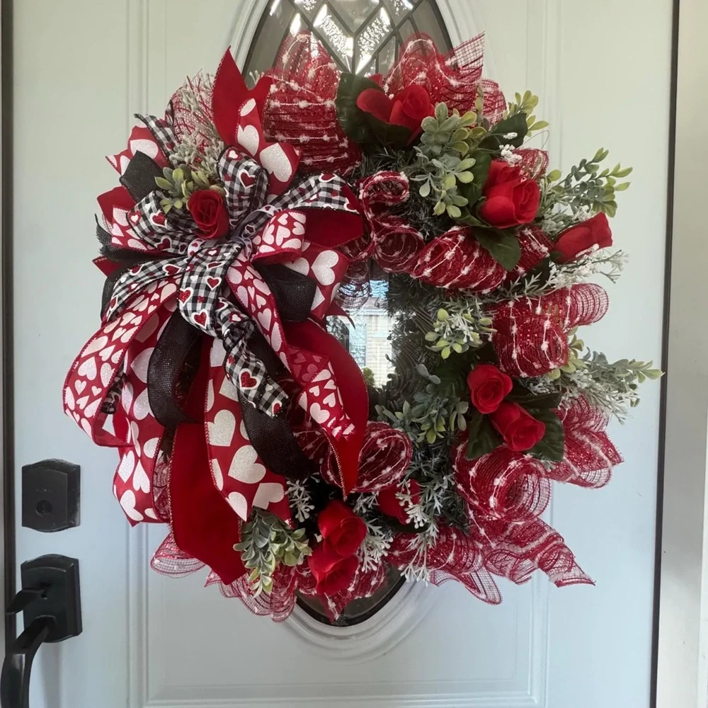 Valentine’s Day Heart Wreath | Large 24x26 Red Rose Door Decor | Handmade Luxe - Picture 2 of 5